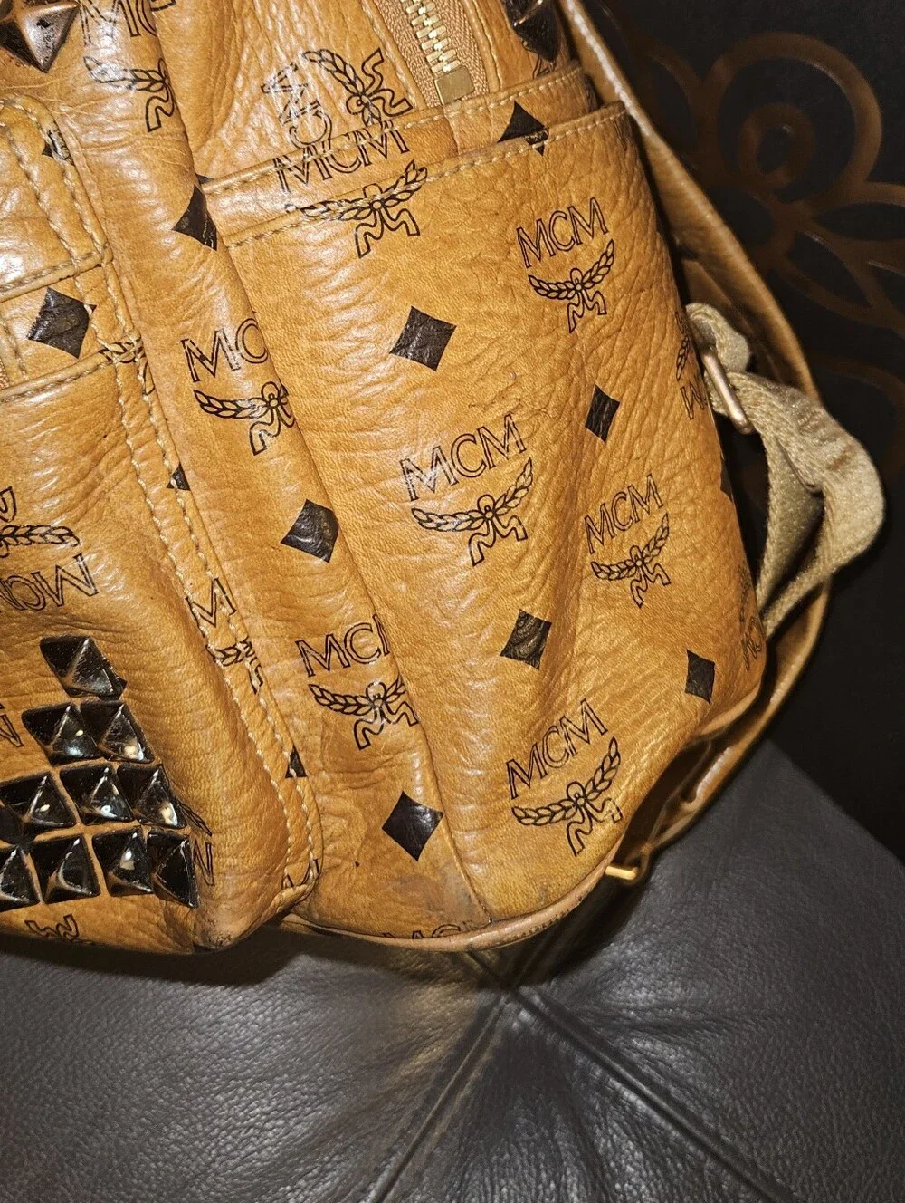 MCM Cognac Logo Studded Visetos Backpack with Gold Hardware